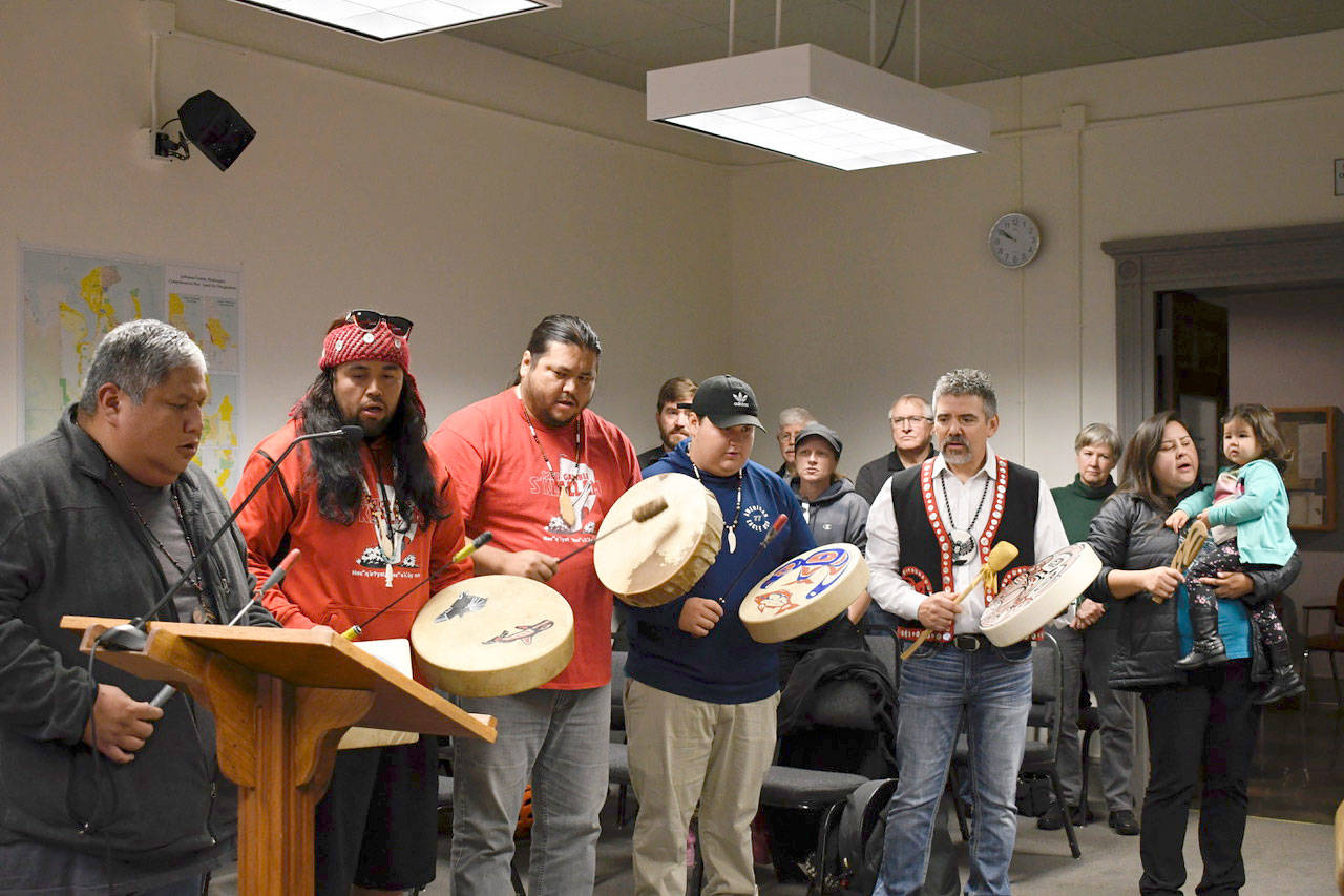 Members of local tribes gathered at the county commissioners’ meeting to celebrate their ancestral land and sing and drum on the occasion of the proclamation of Oct. 8 as Indigenous People’s Day in Jefferson County. (Jeannie McMacken/Peninsula Daily News)