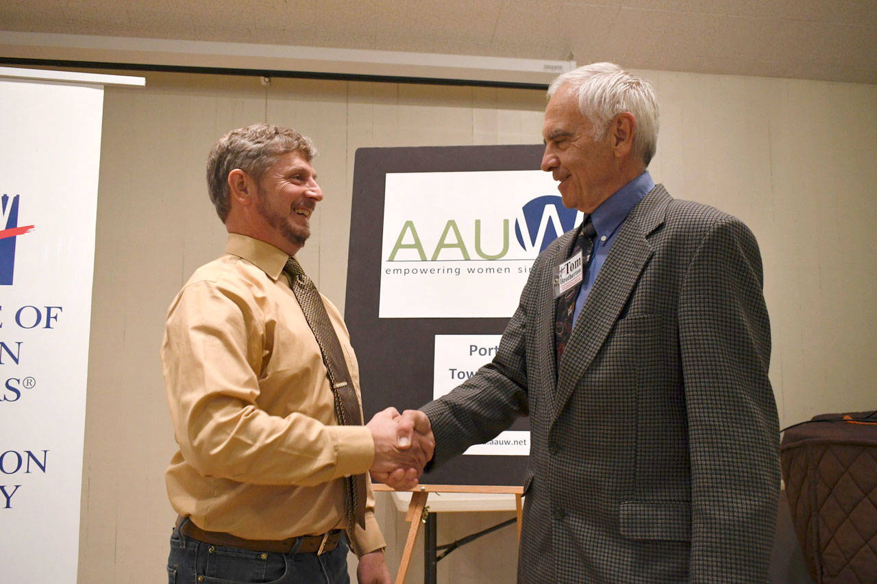 Jefferson County PUD Commissioner District 3 candidates Dan Toepper, left, and Tom Brotherton meet at the League of Women Voters/AAUW candidate forum Thursday evening at the Port Ludlow Beach Club. Incumbent Commissioner Wayne King is not seeking reelection. (Jeannie McMacken/Peninsula Daily News)