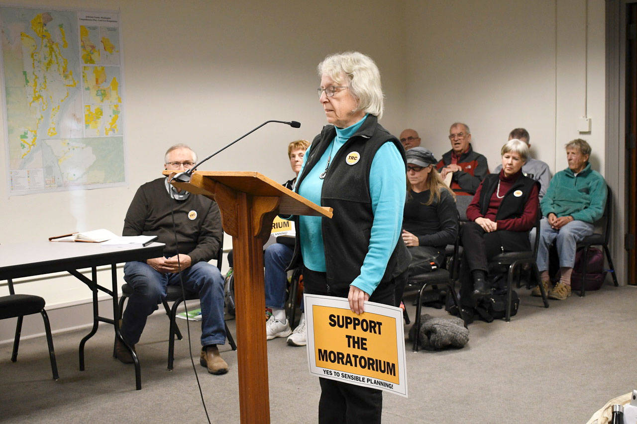 Diane Johnson of Tarboo Valley addresses the Jefferson County commissioners on Monday with concerns about a permit application for work at a proposed recreational facility that will incorporate shooting ranges. (Jeannie McMacken/Peninsula Daily News)
