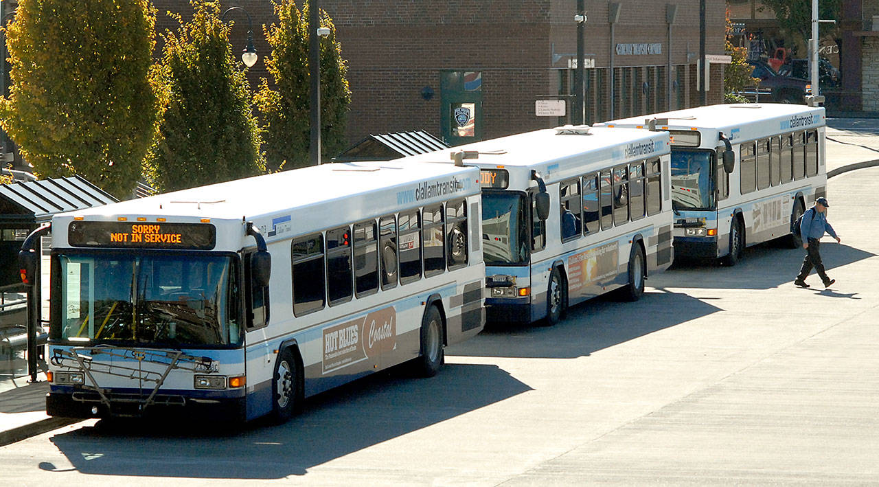 Clallam Transit buses line up to take on passengers at The Gateway transit center in downtown Port Angeles on Tuesday. (Keith Thorpe/Peninsula Daily News)