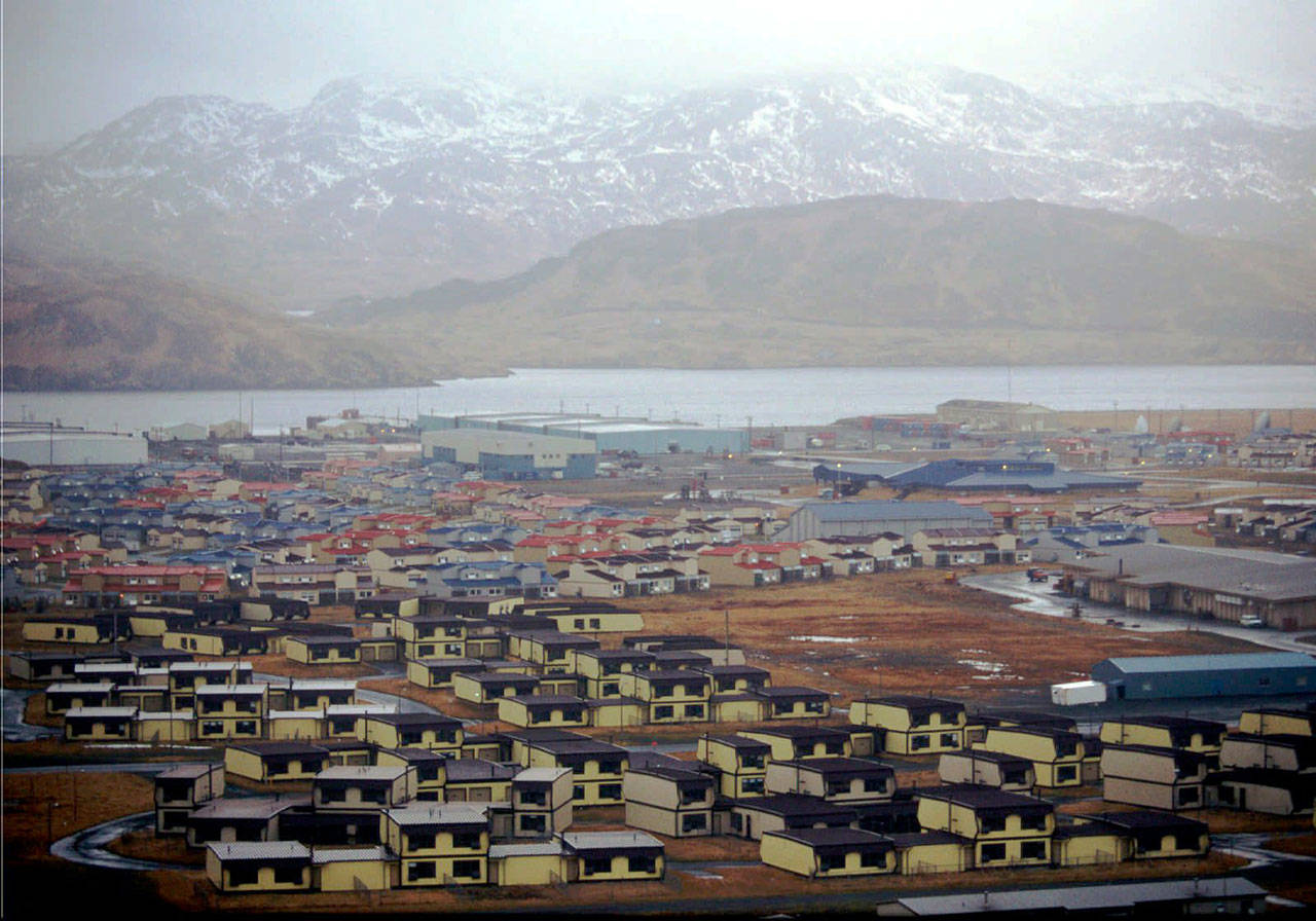 In this file photo, hundreds of houses, which over 6,000 military personnel and dependents called home, along with schools, warehouses, hangars and other structures sit empty on the Adak Naval Air Facility in Alaska. The Trump administration is considering using West Coast military bases or other federal properties as transit points for shipments of U.S. coal and natural gas to Asia. (The Associated Press)