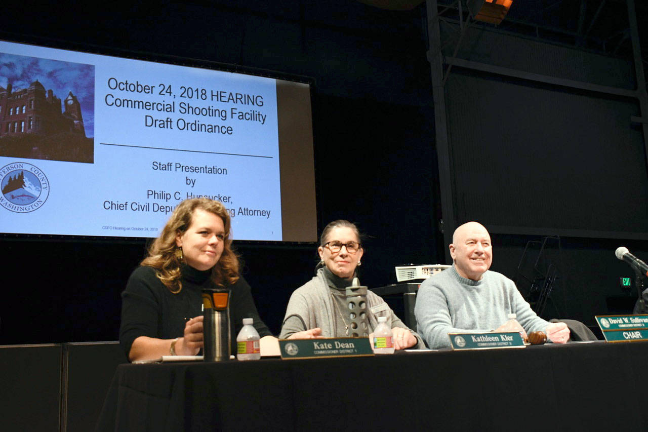 The three Jefferson County commissioners held a public hearing at Fort Worden to hear testimony about a proposed commercial shooting facility draft ordinance. (Jeannie McMacken/Peninsula Daily News)