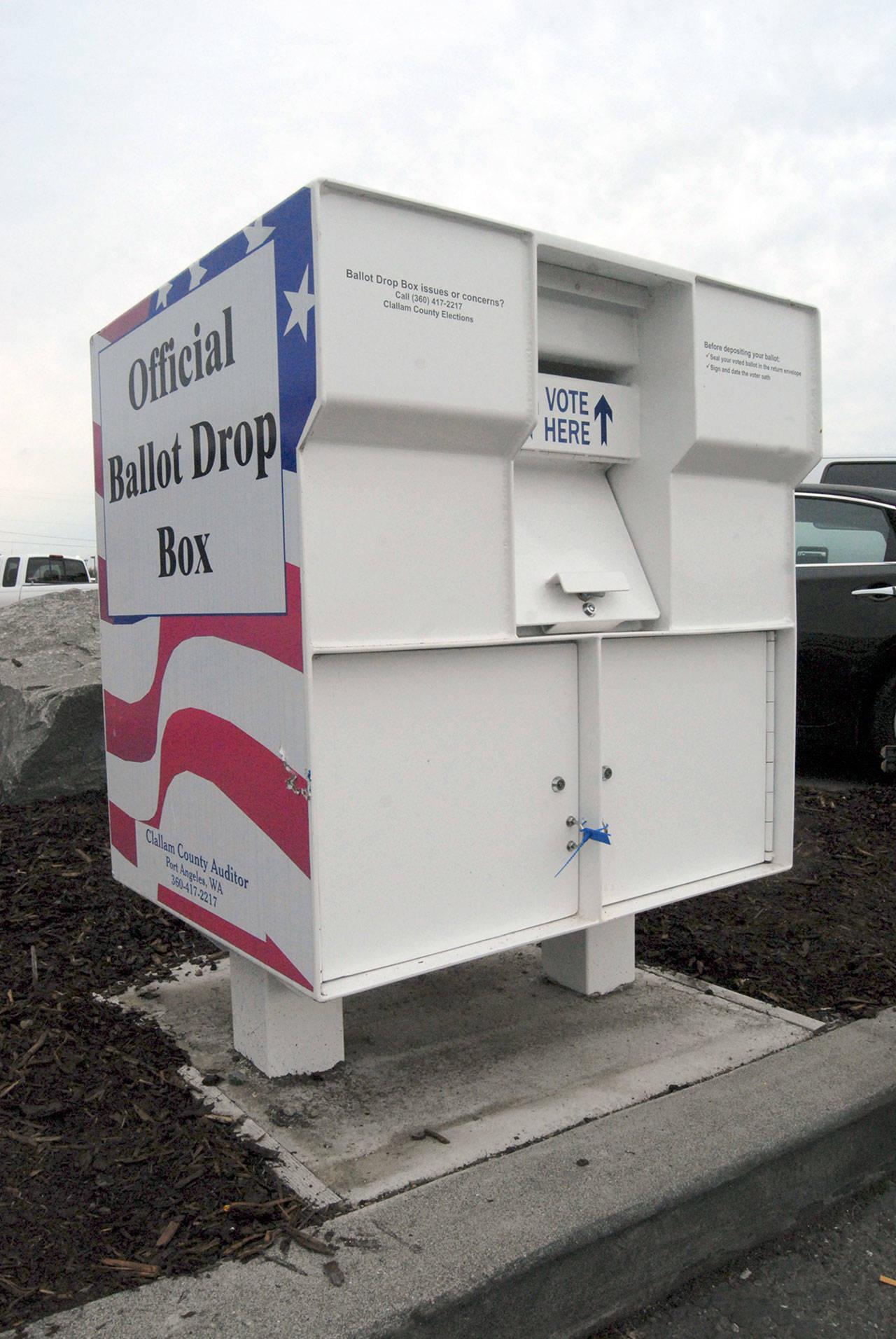 Ballot drop boxes similar to the one shown here near the JCPenny store in Sequim are now in place in Sekiu, Neah Bay and Clallam Bay, with another scheduled to open this week near Carlsborg. (Keith Thorpe/Peninsula Daily News)