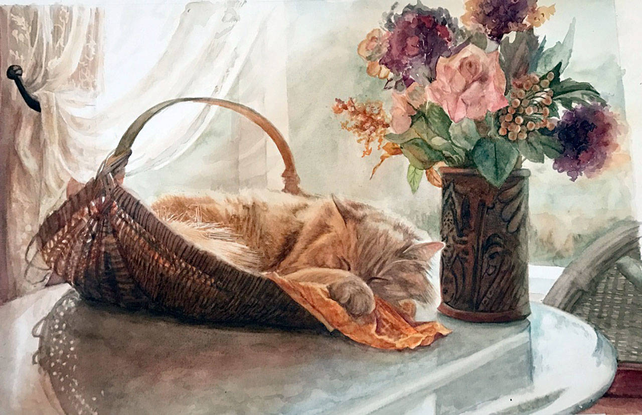 “Still Life with Basket and Flowers” by Nancy Delgado will be shown at Blue Whole Gallery as part of its exhibition “Sound of Waves” tonight in Sequim.
