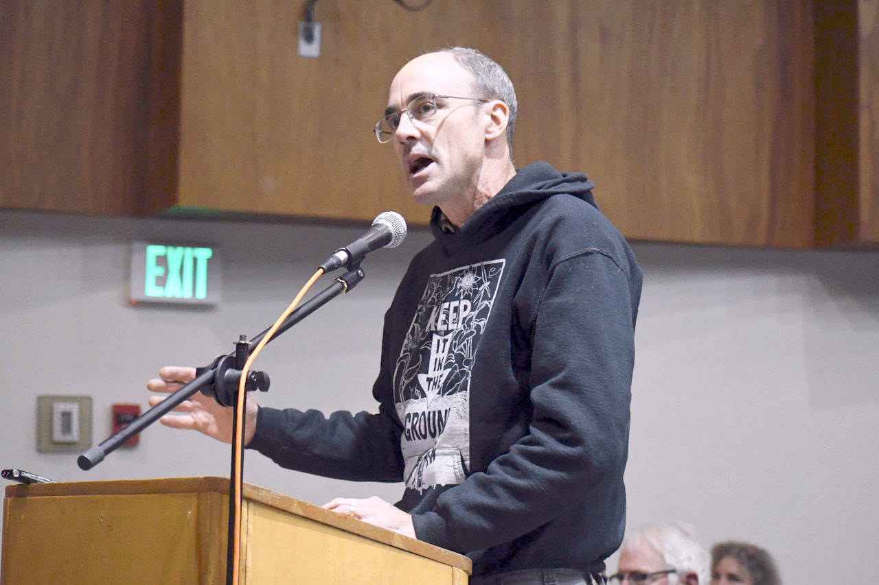 Peter Bahls, co-founder and executive director of the Northwest Watershed Institute asked the Jefferson County Planning Commission if they had the legal authority to extend the moratorium for six months to a year to make a thoughtful decision on Title 18 relating to shooting facilities. (Jeannie McMacken/Peninsula Daily News)