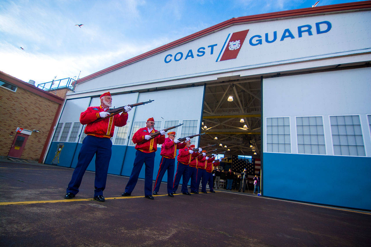 Members of the Mount Olympus Detachement of the Marine Corps League fire a 21-gun salute at the conclusion of the Veterans Day ceremony at U.S. Coast Guard Air Station/Sector Field Office Port Angeles on Sunday. (Jesse Major/Peninsula Daily News)