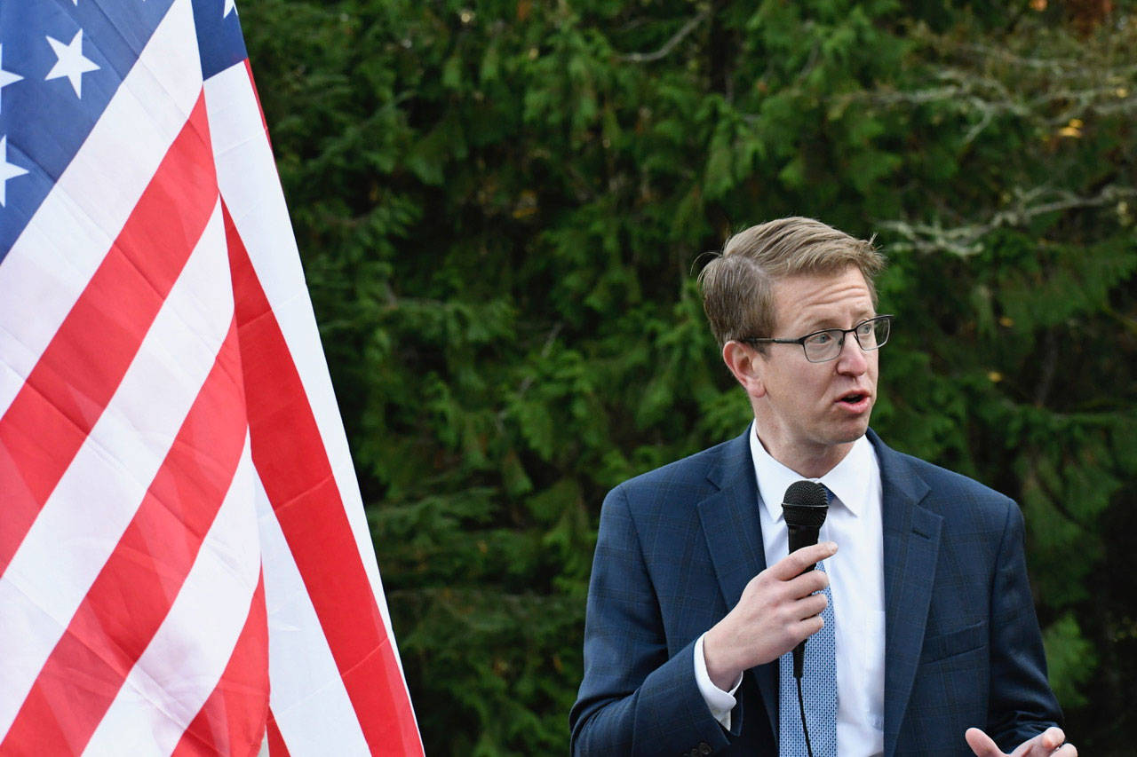 U.S. Rep. Derek Kilmer spoke at the Marvin G. Shields memorial service Monday. “Every veteran should have a home and it shouldn’t be under a highway overpass,” he said. (Jeannie McMacken/Peninsula Daily News)