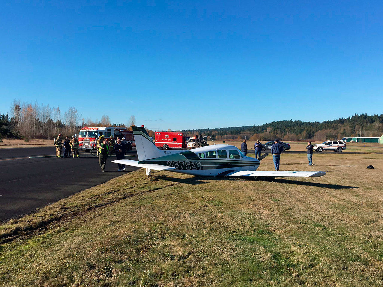 A fixed-wing aircraft crash-landed at Jefferson County International Airport after its landing gear apparently failed to deploy Sunday. (Bill Beezley/East Jefferson Fire Rescue)