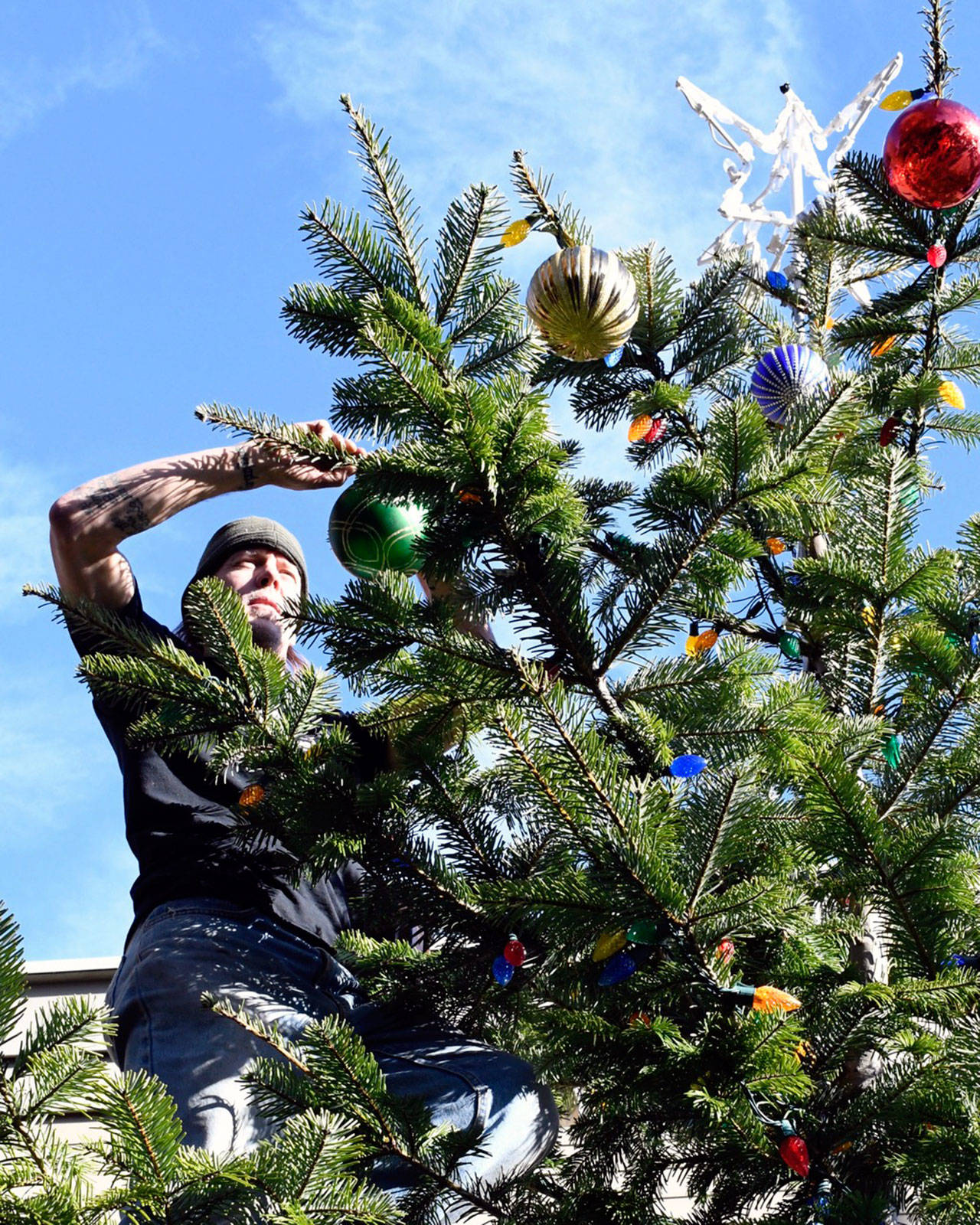 Main Street Volunteer Chris Kauffman adds decorations to the community Christmas tree at Haller Fountain in Port Townsend on Wednesday afternoon. (Jeannie McMacken/Peninsual Daily News)