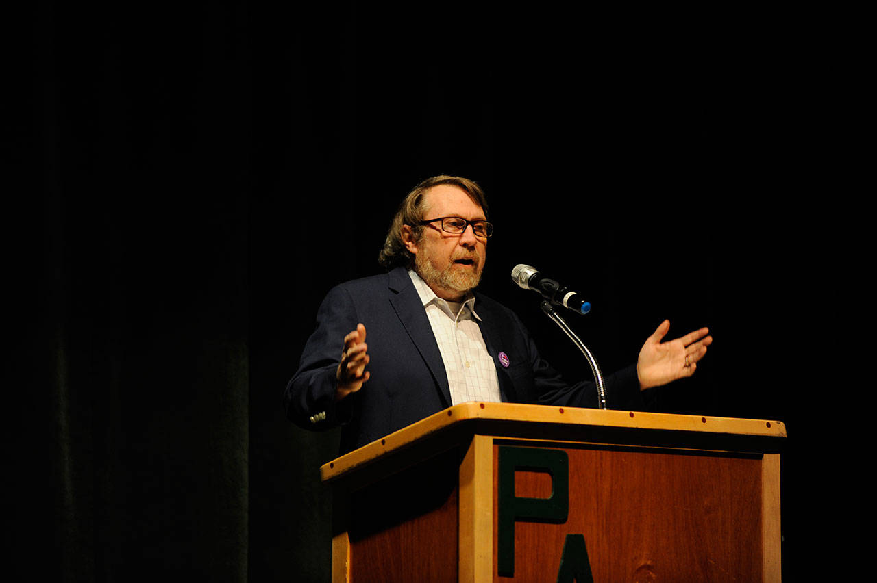 Daniel James Brown speaks about his book, “The Boys in the Boat,” at Port Angeles High School in October 2016. (Michael Dashiell/Olympic Peninsula News Group)