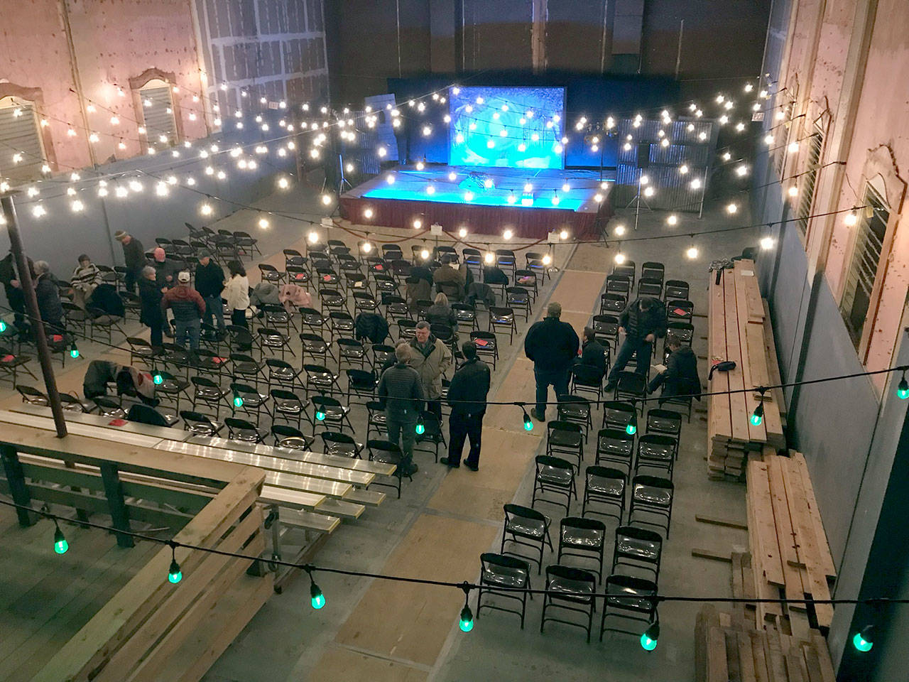 Christmas lights and temporary seating are part of the present interior of the Lincoln Theater in Port Angeles, shown here from the balcony during intermission for Snow White and the Five Housemates. (Paul Gottlieb/Peninsula Daily News)