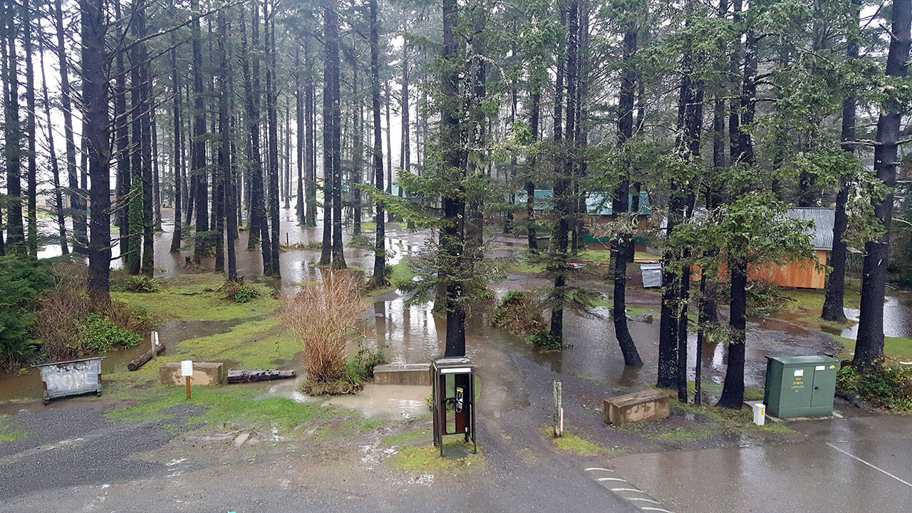 Quileute Oceanside Resort in LaPush was flooded Thursday after heavy rains Wednesday night and early Thursday morning. (Larry Donnelly)
