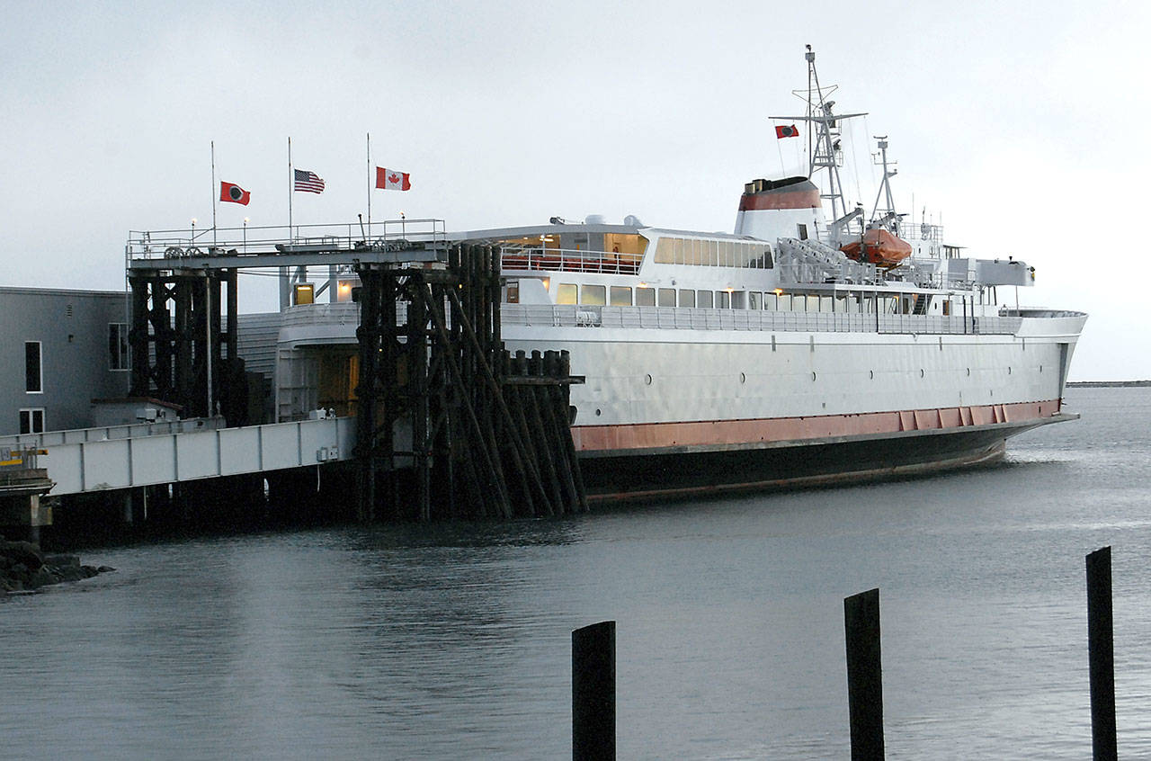 The ferry MV Coho sits at its terminal in Port Angeles on Thursday after cancelling its afternoon sailing to Victoria and back. (Keith Thorpe/Peninsula Daily News)