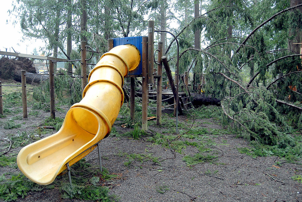 A fallen tree lies across damaged playground equiment in Lincoln Park in Port Angeles after the park sustained extensive damage from a windstorm Dec. 14. (Keith Thorpe/Peninsula Daily News)