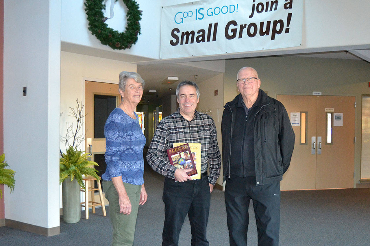 Four area churches partner to bring “Perspectives,” a 15-week course to Sequim Community Church starting Wednesday for an introduction and officially starting Jan. 16. Facilitators, from left, are Joanne Meinzen, Associate Pastor Rick Dietzman for SCC and Norman Hardie. (Matthew Nash/Olympic Peninsula News Group)