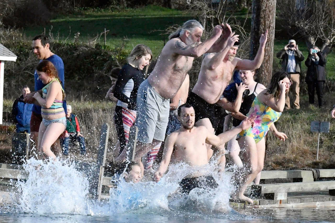 Although the water and air were both 43 degrees, 55 brave souls took the plunge during the 25th year of the Mystery Bay Polar Bear Dip on Marrowstone Island on Tuesday. (Jeannie McMacken/Peninsula Daily News)
