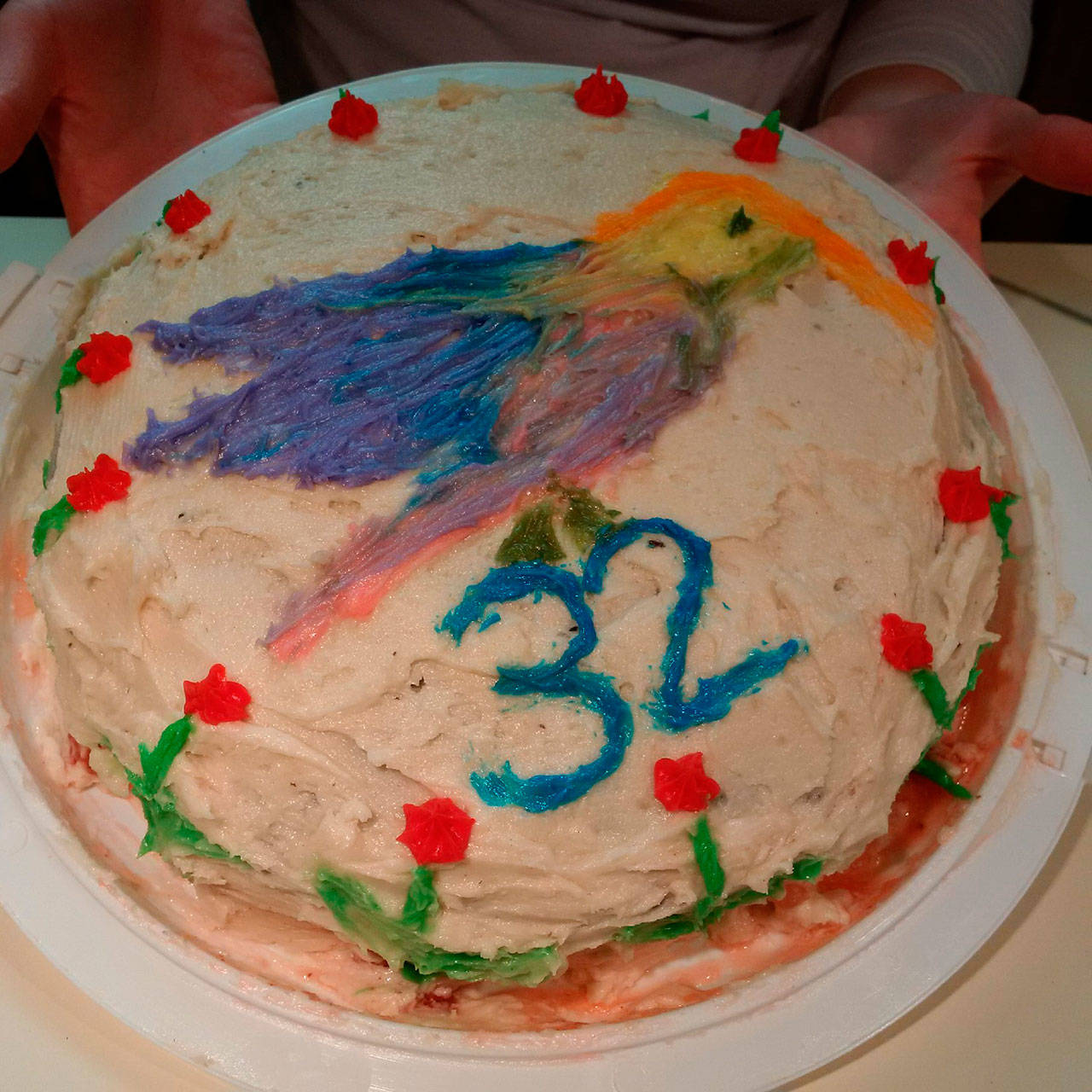 Emily Hanson’s 32nd birthday cake was decorated with a hummingbird. (Emily Hanson/Peninsula Daily News)