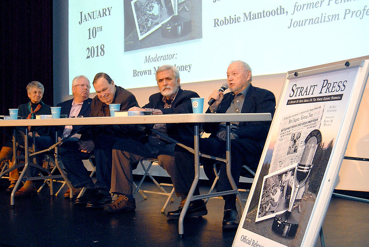 Bill Lindstrom, author of “Strait Press: A History of News Media on the North Olympic Peninsula” and former city editor of the Peninsula Daily News, right, speaks as a panelist about journalism during a Studium Generale presentation Thursday at Peninsula College in Port Angeles. Joining him on the panel were, from left, Robbie Mantooth, former journalism professor at the college; Jim MacDonald, former owner of KONP radio; and Frank Ducceschi and John Brewer, both former publishers of the Peninsula Daily News. (Keith Thorpe/Peninsula Daily News)
