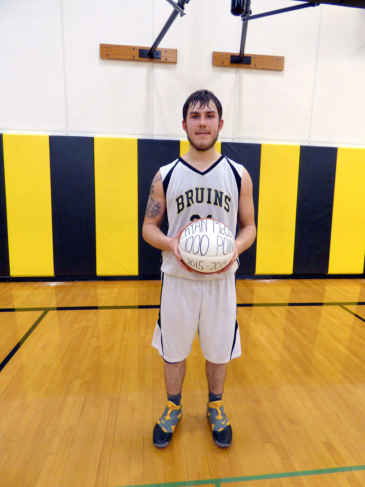 Clallam Bay senior Ryan McCoy scored his 1,000th career point during Wednesday night’s home game against Neah Bay. McCoy had 19 points on the night to lead the Bruins.