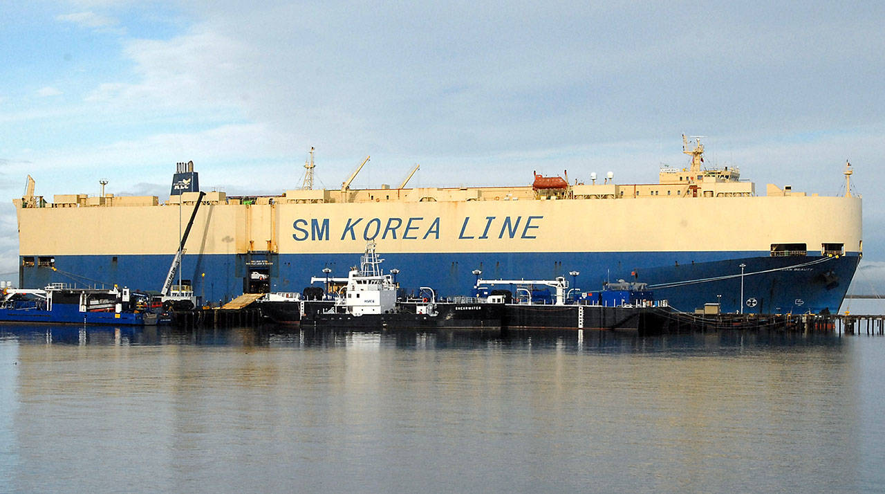(Keith Thorpe/Peninsula Daily News)                                The roll-on/roll-off vehicle carrier ship K.Asian Beauty sits moored at the Port of Port Angeles Terminal One pier on Friday.