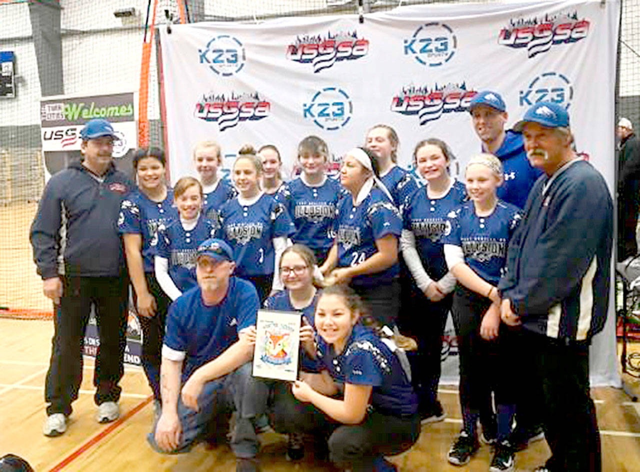 The Port Angeles Illusion Fastpitch U13 team after winning second place at the Fifth Annual Winter Indoor Fastpitch tournament in Chehalis. From left, back row, are coach Warren Stevens, Taylee Faris, Mikkiah Stevens, Ava-Anne Sheahan, JoCy Kazlauskas, Natalie Robinson, Meadow Robinson, Lizzy Soto, Grace Possinger, Abby Kimball, Heidi Leitz, Will Possinger and Rich Pennington. From left, kneeling, are Bucky Johnston, Cheyenne Zimmer and Jayla Moon.