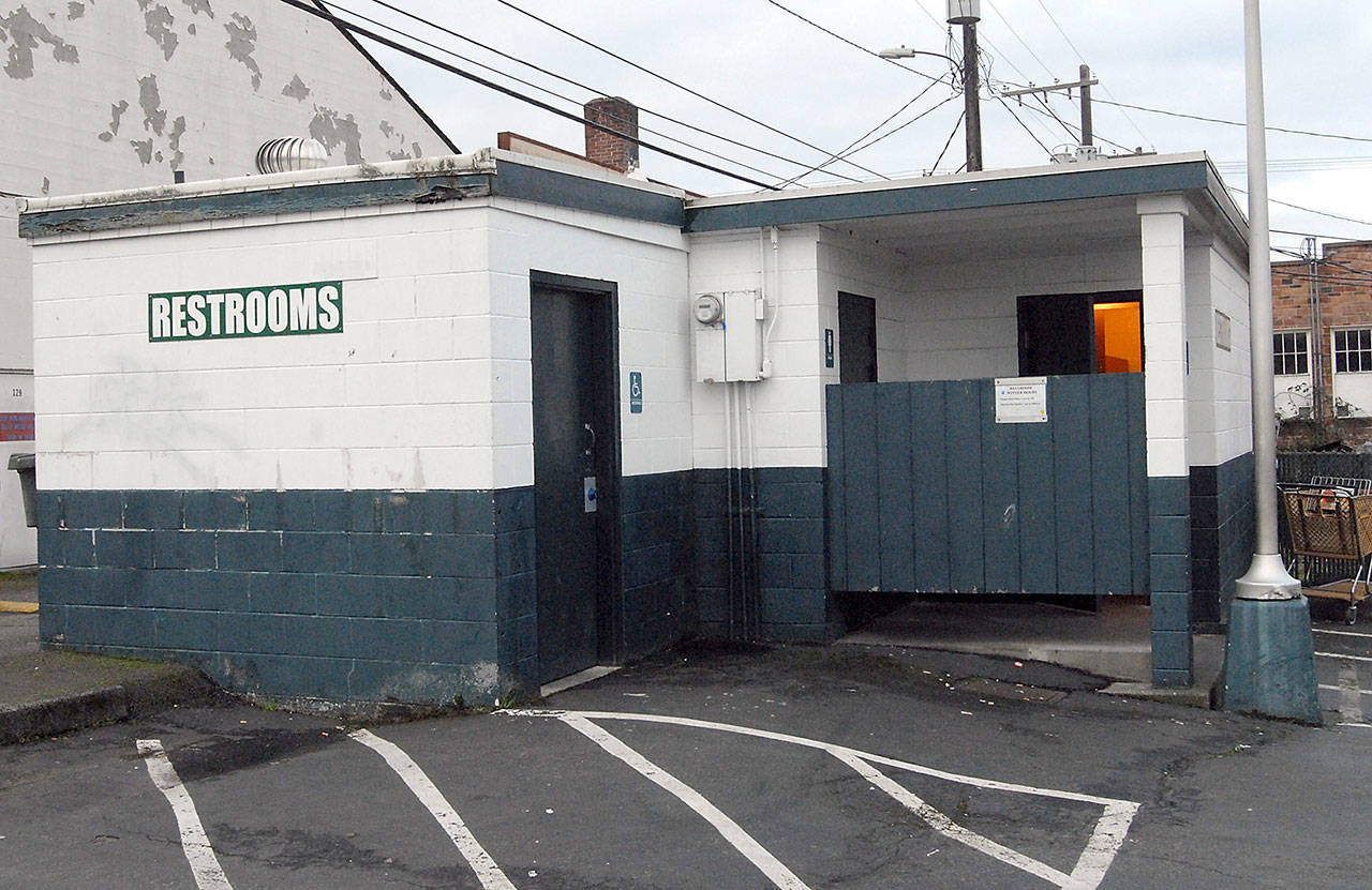 The city of Port Angeles will consider a plan to keep public restrooms, such as this one in the 100 block of West Front Street, open 24 hours a day. (Keith Thorpe/Peninsula Daily News)