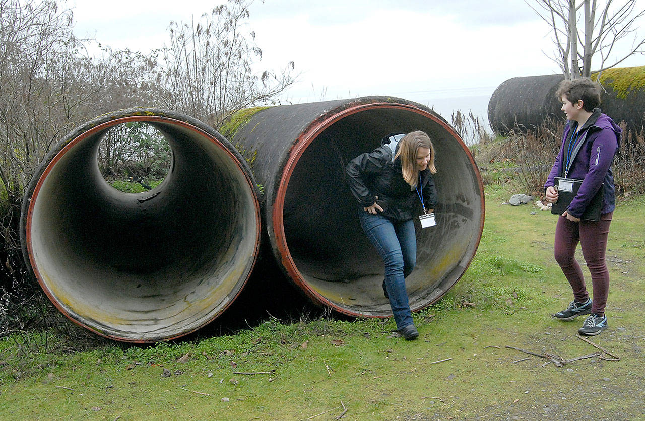 Lacey Fry, executive assistant at Serenity House of Clallam County, right, watches as Cora Kruger, the organization’s director of permanent housing, emerges from an idle stormwater pipe along the Waterfront Trail that is frequently used as a shelter by homeless people during Thursday’s Point in Time homeless census. (Keith Thorpe/Peninsula Daily News)