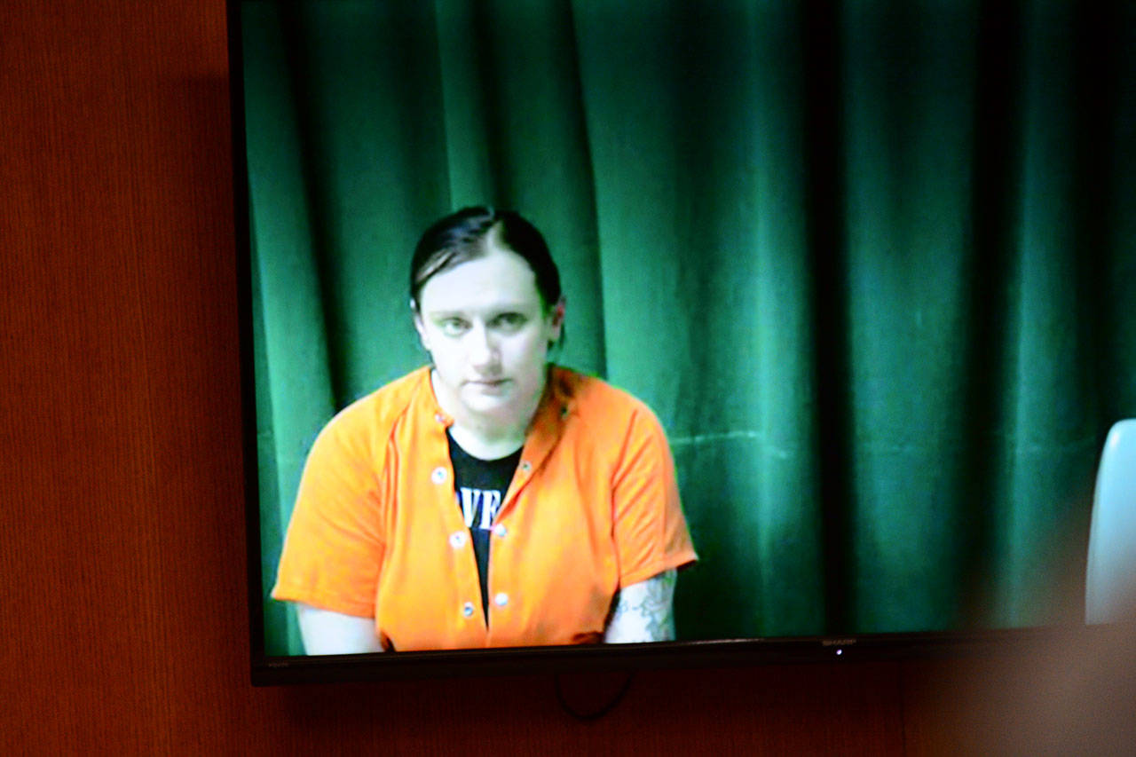 Kallie Ann Letellier, 34, appears via video in Clallam County Superior Court on Monday. She remained held in the Clallam County jail for investigation of three counts of first-degree murder. (Jesse Major/Peninsula Daily News)