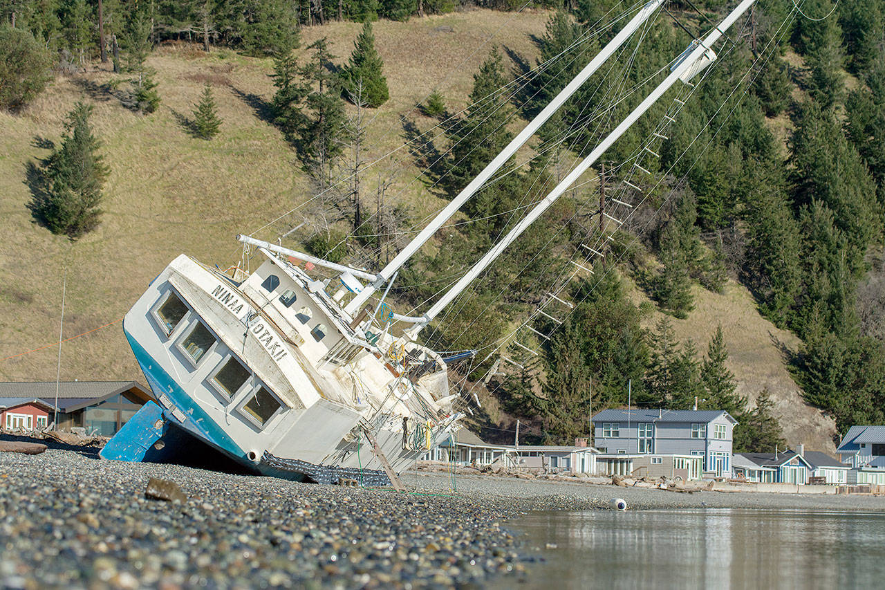 The Ninaa Ootaki has been beached at Beckett Point since drifting ashore during a storm in December. (Jesse Major/Peninsula Daily News)