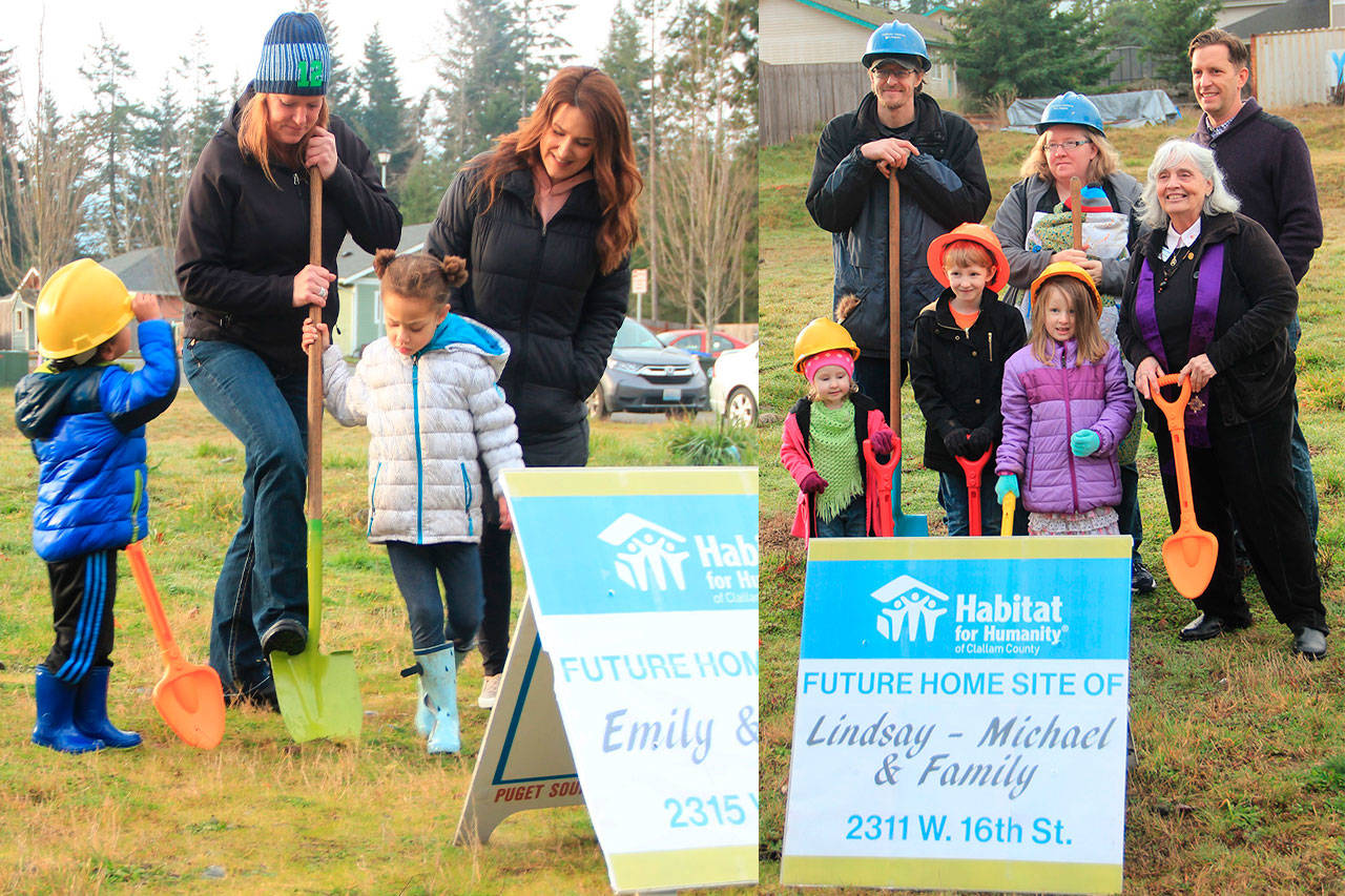 Carlsborg’s Emily Carpenter, left, with her two grandchildren, and Port Angeles’ Million family, at right, break ground on their new homes with Habitat for Humanity of Clallam County representatives. The families plan to work at least 250 hours per adult on their new homes during construction. (Habitat for Humanity of Clallam County)