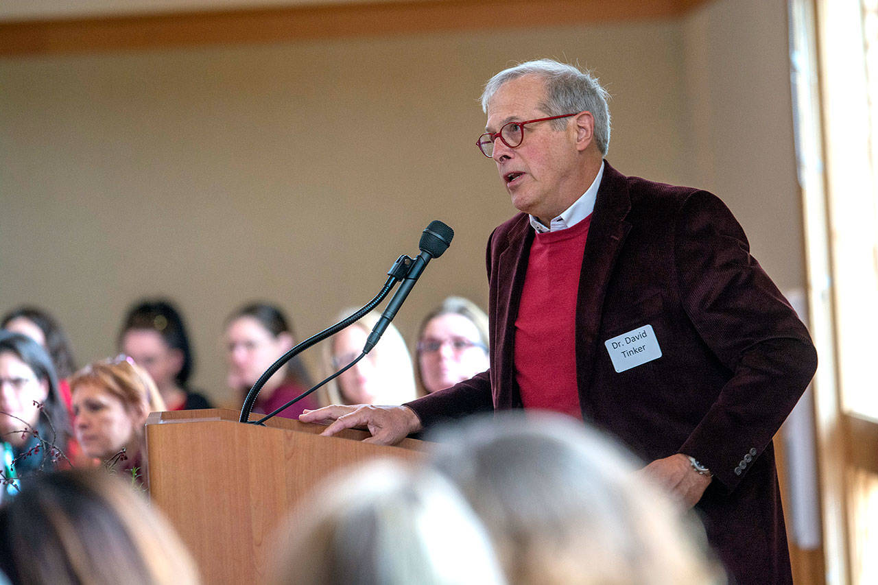 Jefferson Healthcare Cardiologist Dr. David Tinker speaks about the hospital’s cardio rehab program during the Healthy Hearts luncheon in Port Townsend on Friday. (Jesse Major/Peninsula Daily News)