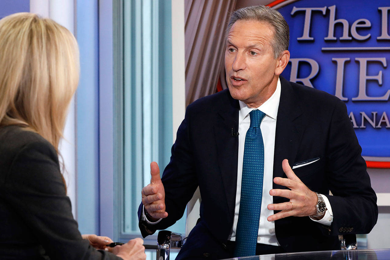 Former Starbucks CEO Howard Schultz is interviewed last Wednesday by FOX News Anchor Dana Perino for her “The Daily Briefing” program in New York. (Richard Drew/The Associated Press)