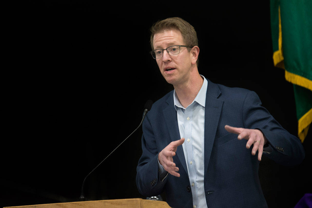 U.S. Rep. Derek Kilmer hosts a town hall in Quilcene where he discussed the government shutdown, health care and immigration. (Jesse Major/Peninsula Daily News)