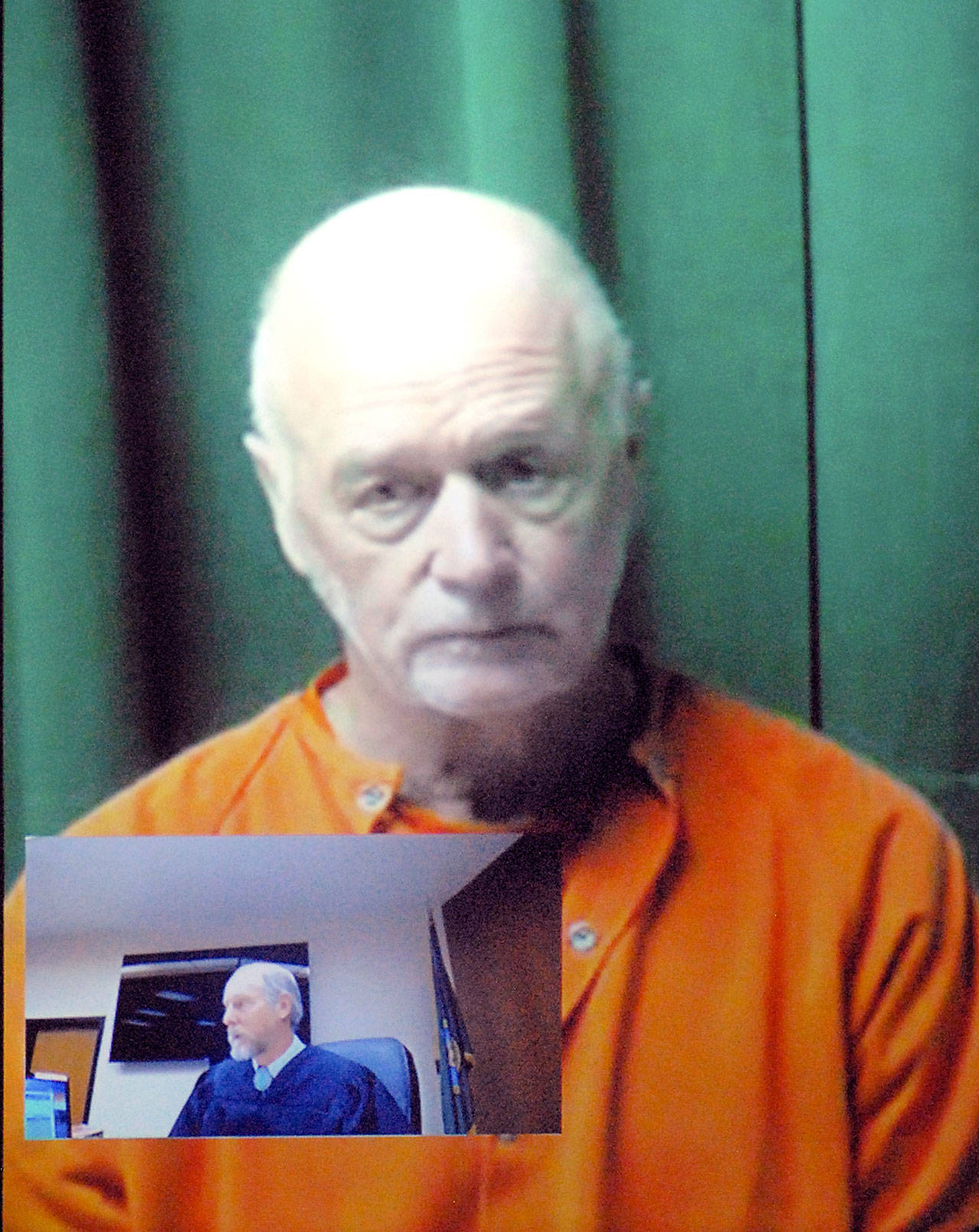 Lynn George Johnson of Sequim appears Wednesday by video link before Clallam County Superior Court Judge Brian Coughenour, shown in inset, on multiple charges of child rape and child molestation. (Keith Thorpe/Peninsula Daily News)