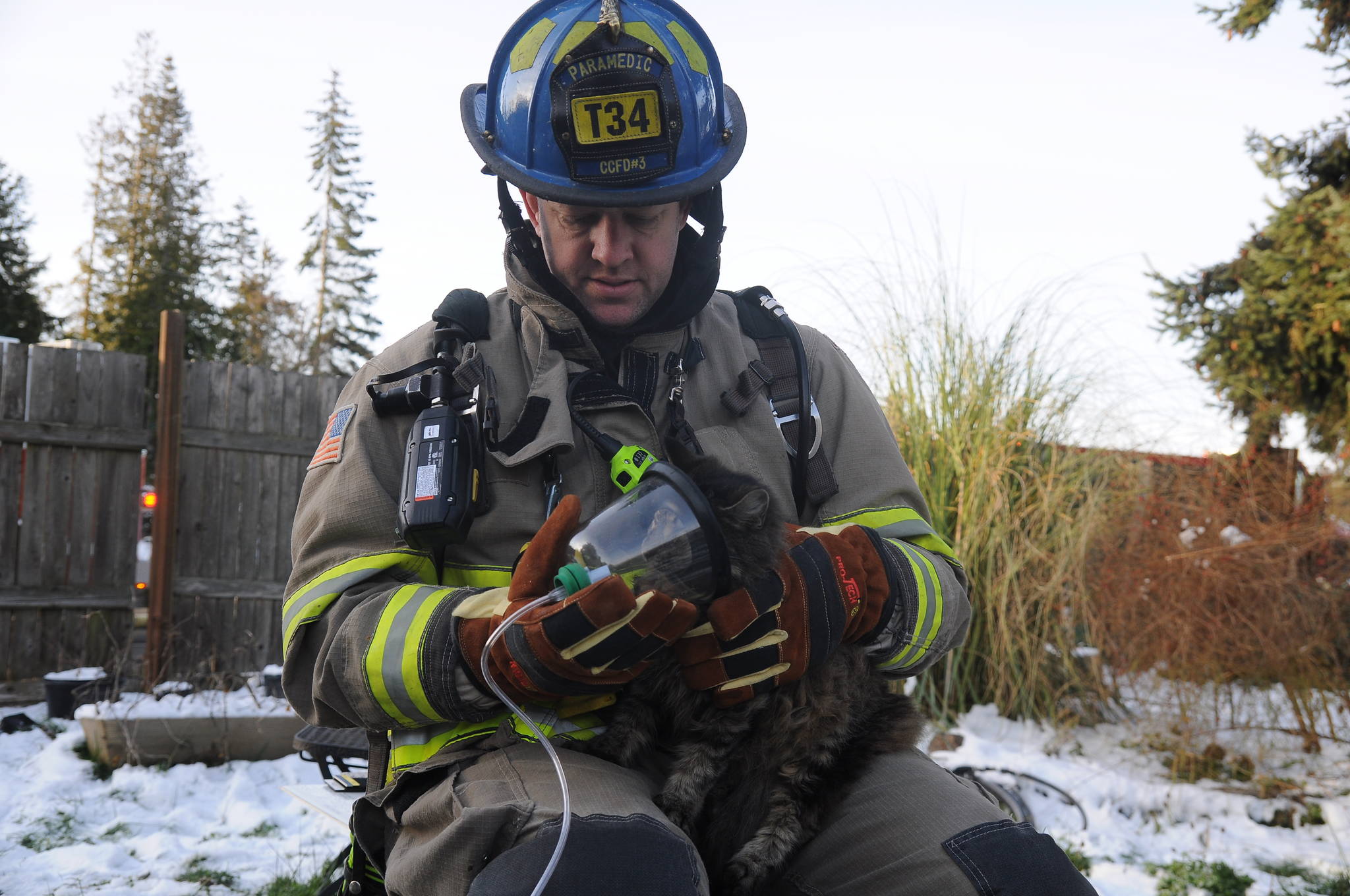 Joel Bower, Clallam County Fire District 3 firefighter/paramedic, tends to Cleopatra, a cat found inside a residence near Carlsborg damaged by an early morning fire Thursday, Feb. 7. (Michael Dashiell/Olympic Peninsula News Group)