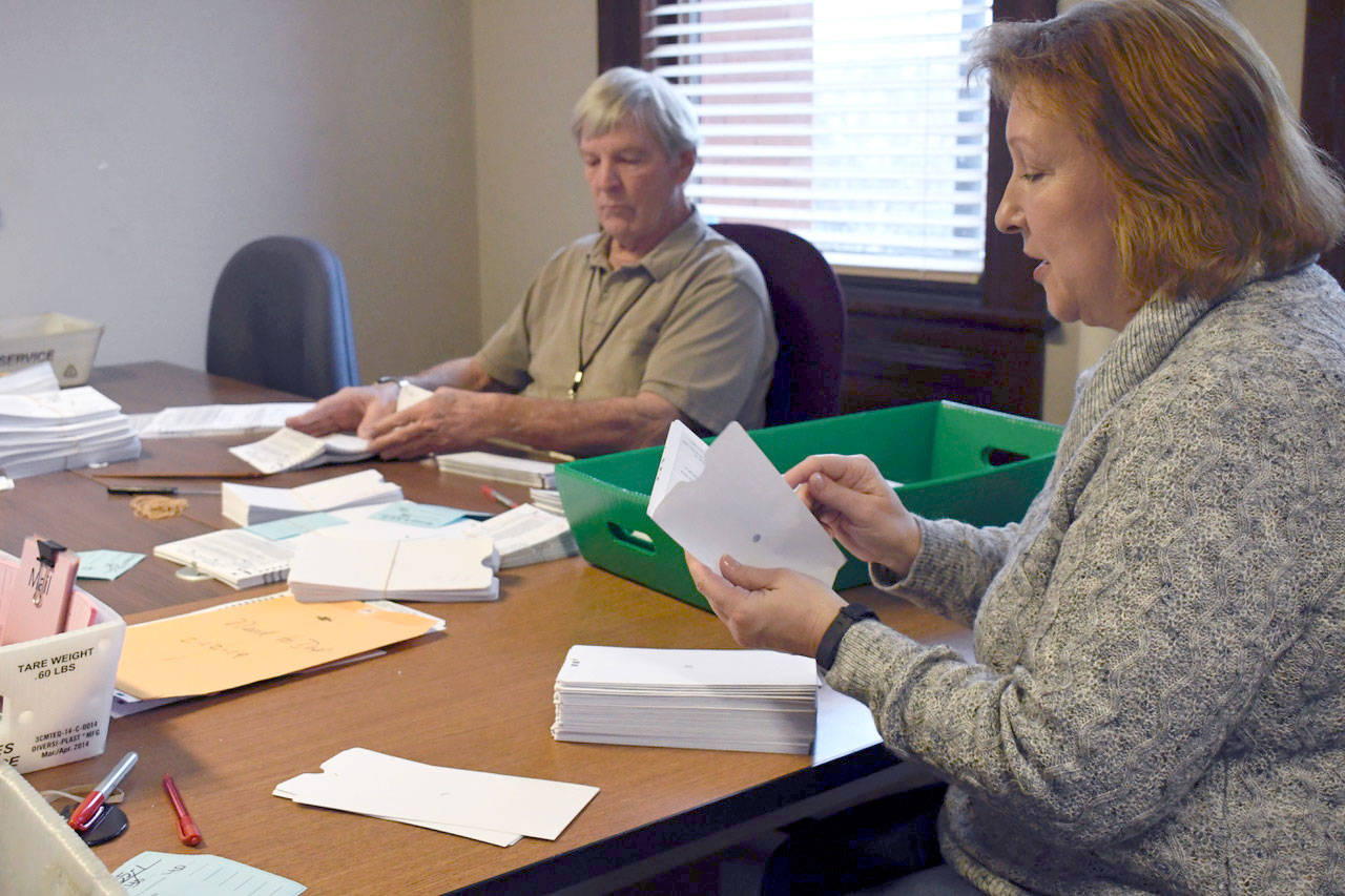 Elections Coordinator Betty Johnson and Julian Arthur work to verify signatures on ballots and check to see if they are marked properly. As of Friday, only 27 percent of ballots were returned in the special election that will decide two Port Townsend school levies and the annexation of Port Townsend into East Jefferson Fire Rescue District 1. (Jeannie McMacken/Peninsula Daily News)