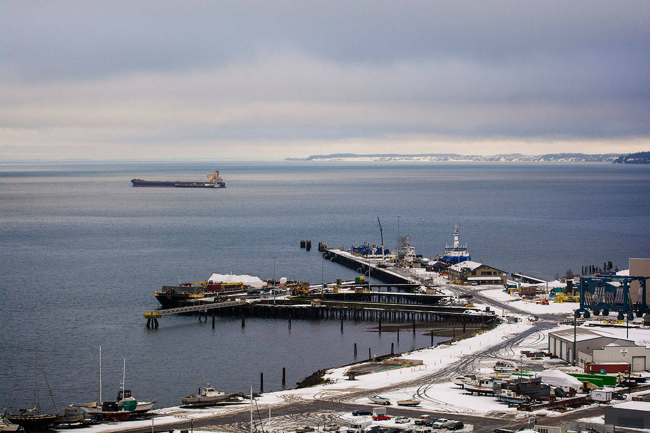 Snow covers Port of Port Angeles piers Tuesday. (Jesse Major/Peninsula daily News)