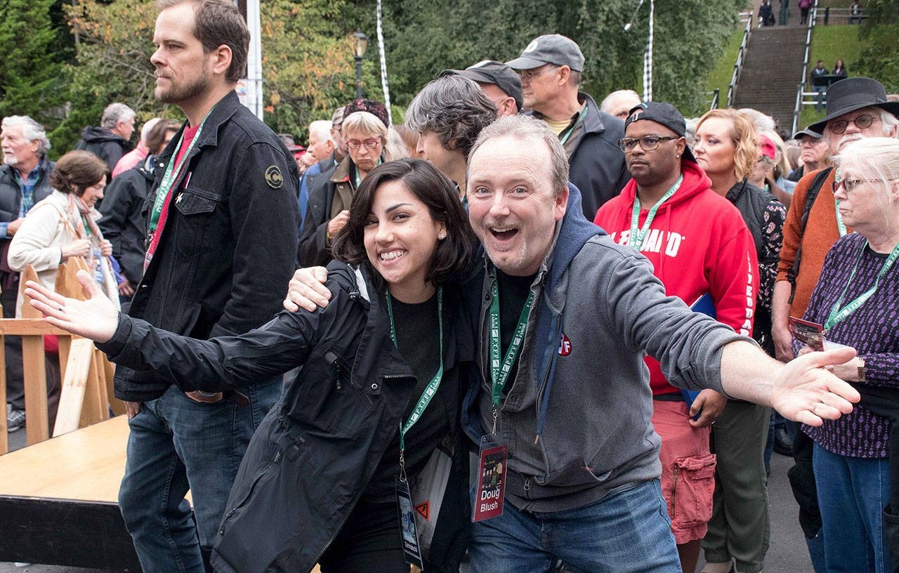 Director Rayka Zehtabchi is pictured with award-winning film editor Doug Blush at Haller Fountain on Sept. 21. Her short documentary, “Period. End of Sentence,” is up for an Academy Award. (Callay Boire-Shedd)