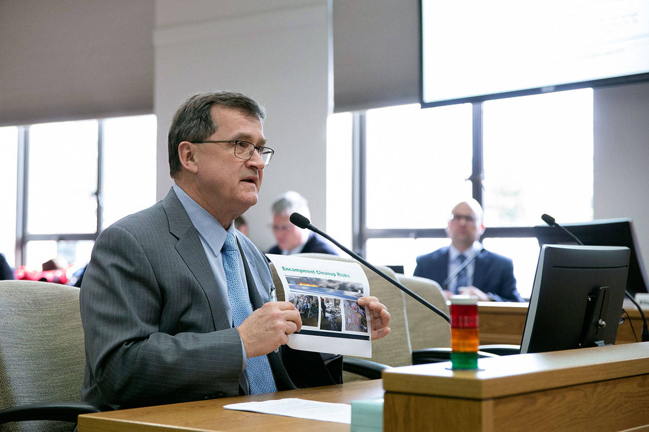 Sen. Curtis King, R-Yakima, the prime sponsor of Senate Bill 5882, testifies in support of the bill at the Senate Housing Stability Affordability Committee on Monday. (Legislative Support Services Photography Department)