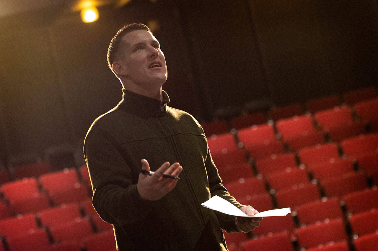 Leif Ellis, who has been drug-free for four years, talks during rehearsal with a class at Peninsula College that is preparing a performance about the opioid epidemic on the Olympic Peninsula. (Jesse Major/Peninsula Daily News)