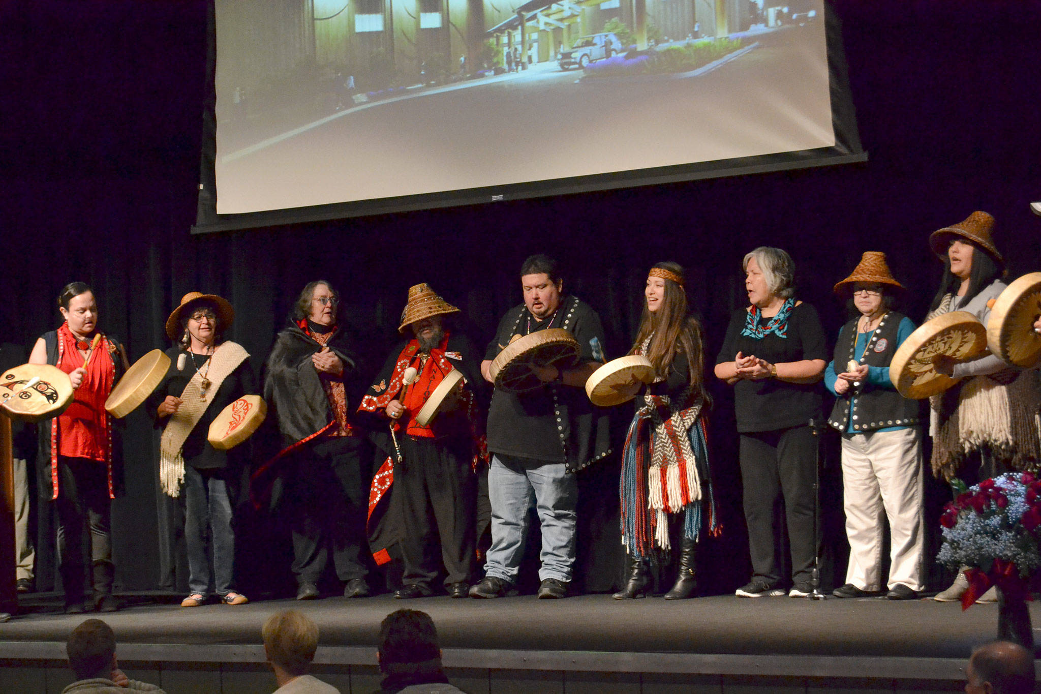 Members of the Jamestown S’Klallam Tribe share a song with an audience for the ceremonial groundbreaking of 7 Cedars Casino’s new resort. Matthew Nash/Olympic Peninsula News Group