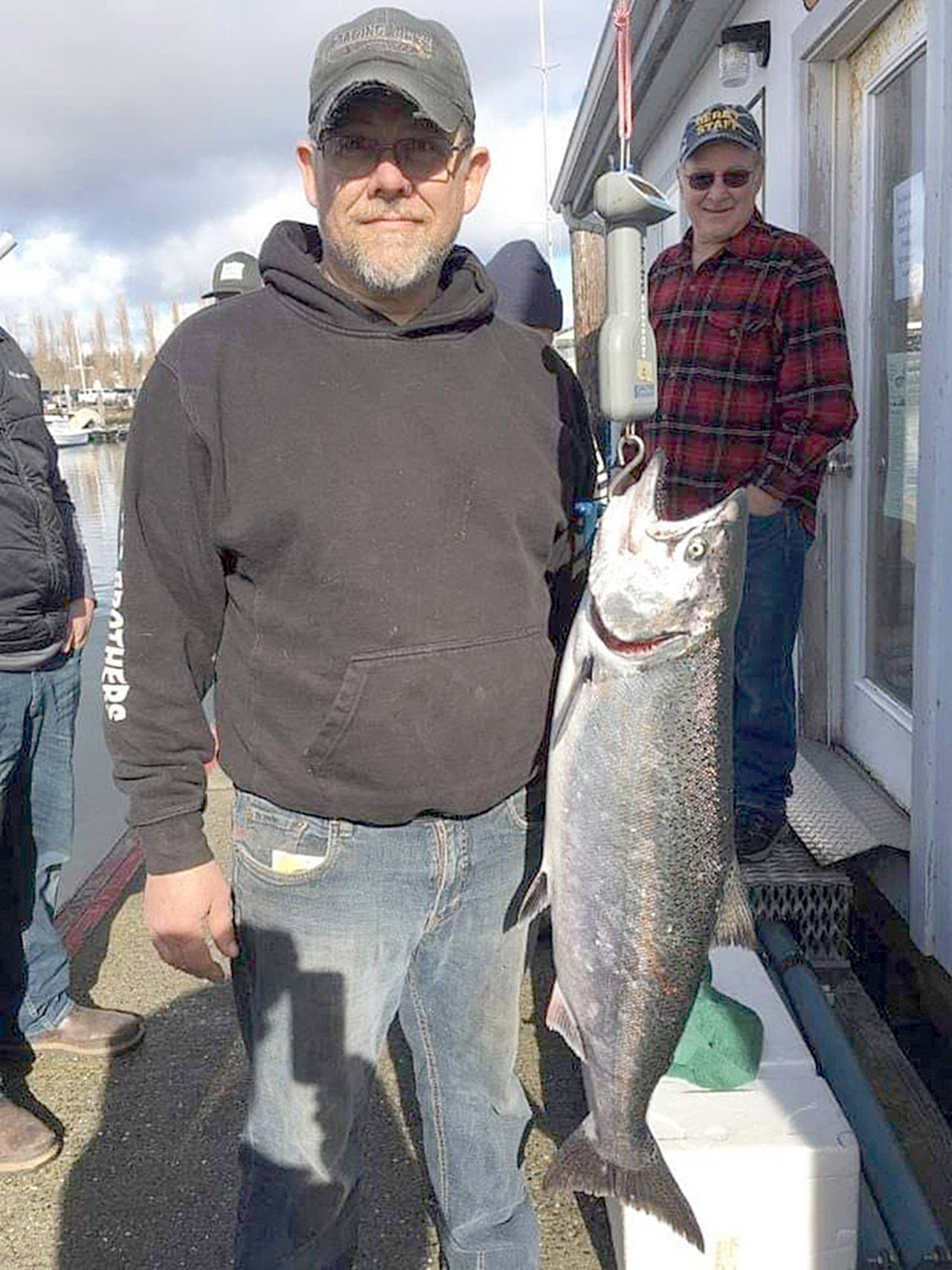 Olympic Peninsula Salmon Derby Clinton angler Mark Thompson weighed in this 19.35-pound blackmouth chinook on Friday, the opening day of the Olympic Peninsula Salmon Derby. Thompson’s fish is still atop the leaderboard entering today’s final day of fishing.