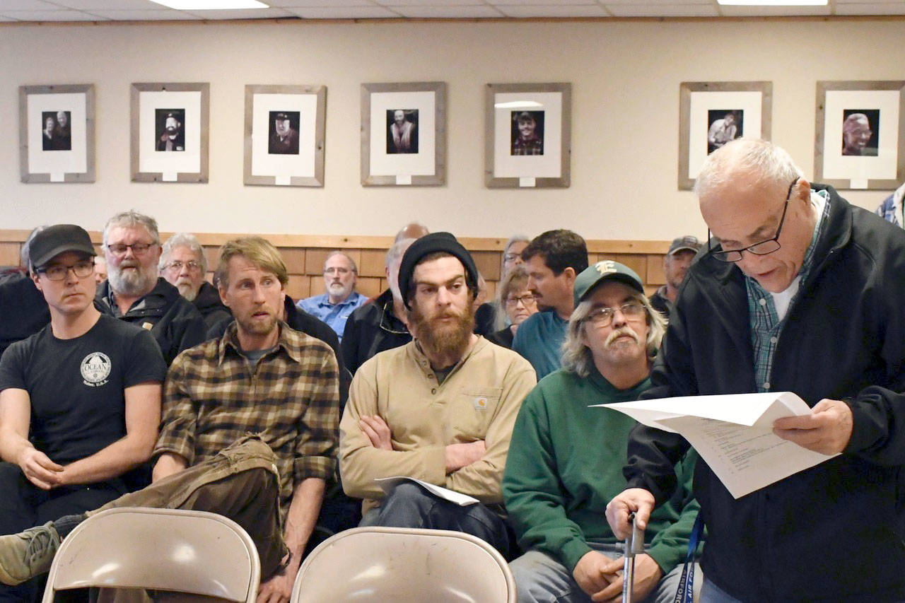 Former Port of Port Townsend Commissioner Herb Beck addressed port commissioners Wednesday, saying that Quilcene Bay is an exceptional place and that the property needs to be updated and brought up to its proper value. Beck was one of 16 residents who voiced their opinions about the port property. (Jeannie McMacken/Peninsula Daily News)
