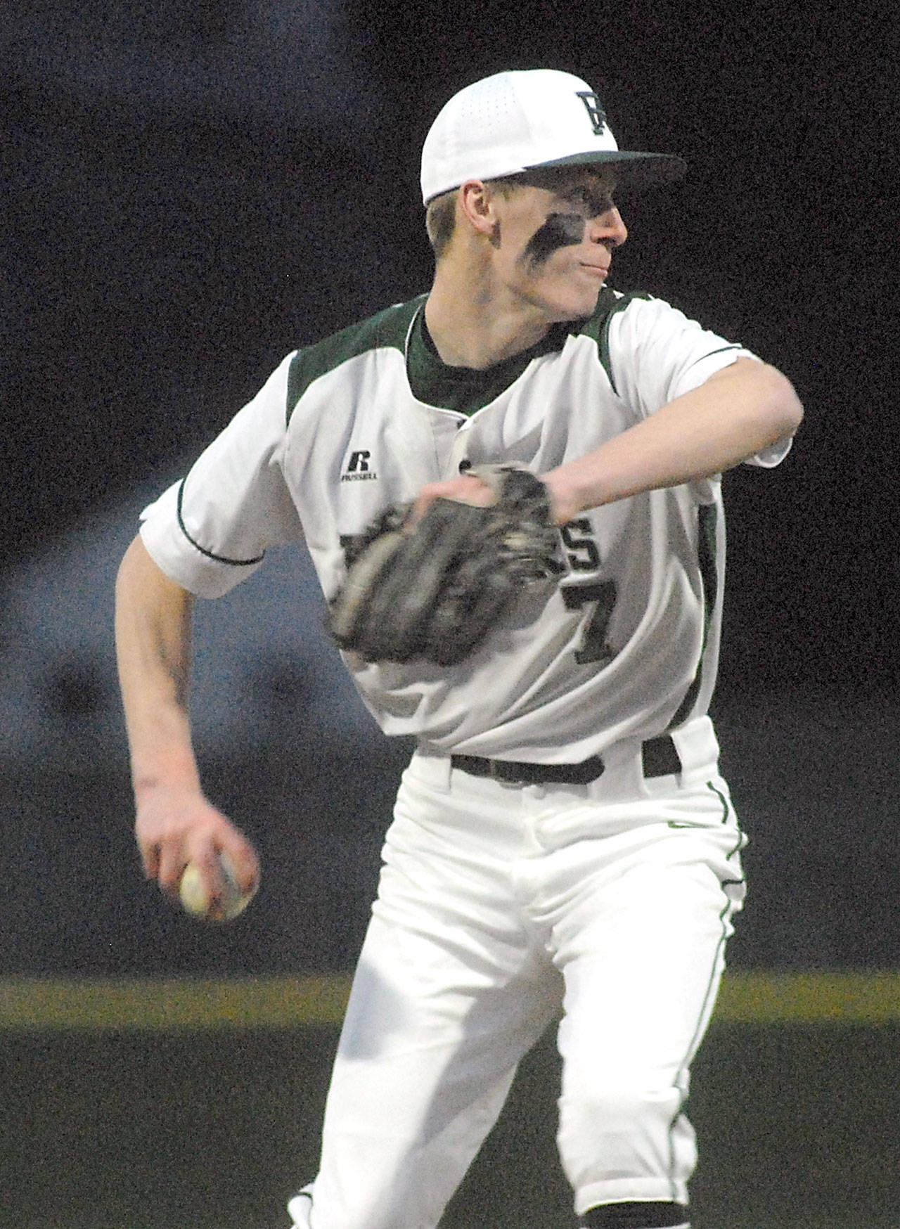 Port Angeles pitcher Hayden Woods allowed just two hits and struck out seven as the Riders beat rival Sequim 10-0 in five innings on Thursday night at Civic Field.                                Keith Thorpe/Peninsula Daily News