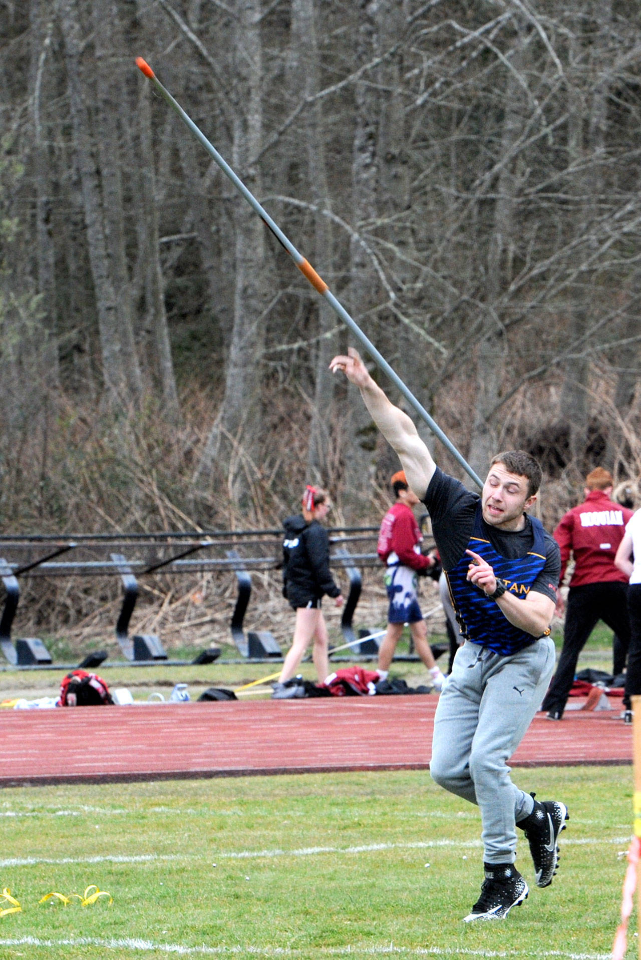 Forks’ Skyler Steffen throws the javelin during a four-team meet in Hoquiam on Thursday. Steffen set a personal record with a distance of 146 feet, 3 inches.                                (Lonnie Archibald/for Peninsula Daily News)