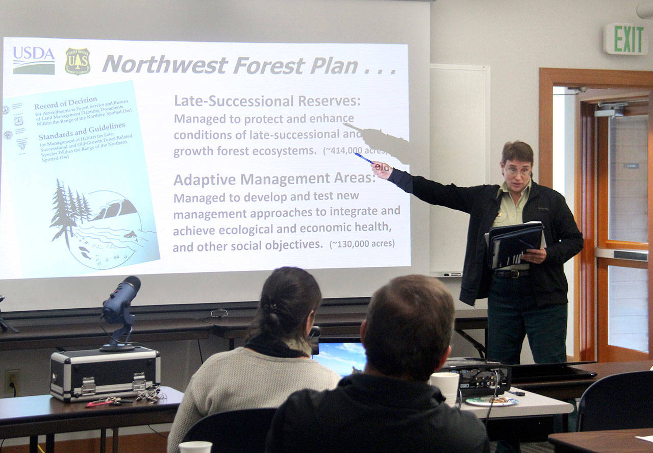 Reta Laford, Olympic National Forest supervisor, spoke about the Northwest forest plan and current emphasis on Olympic National Forest land and the need for many different entities to work together to make the collaborative successful. (Christi Baron/Olympic Peninsula News Group)