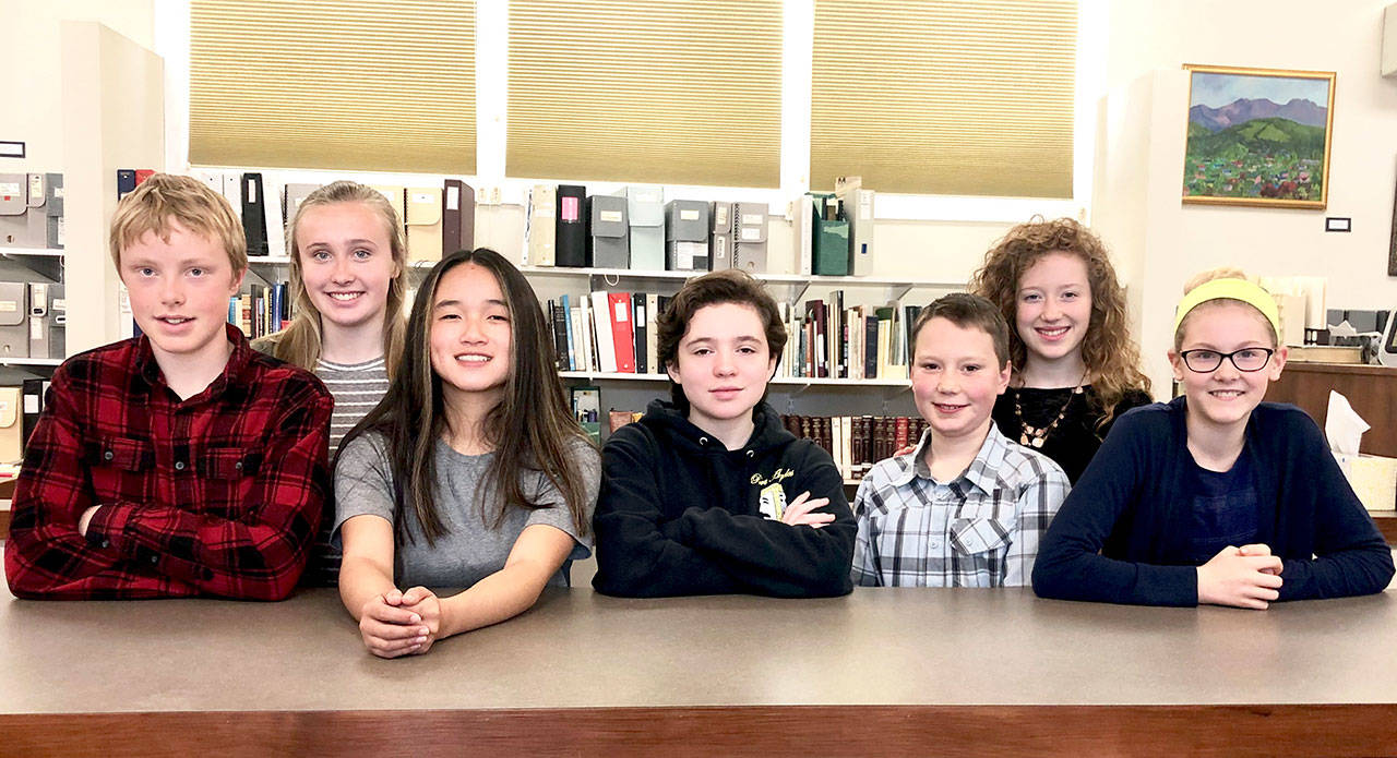 Student candidates for 2019 Hands on History scholarships are from left, Peter Zelenka, Maizie Tucker, Abby Sanders, Talia Anderson, Ethan Jolly, Eva Jolly and Celbie Karjalainen. Not pictured are Aiden Gale and Hannah Anderson.