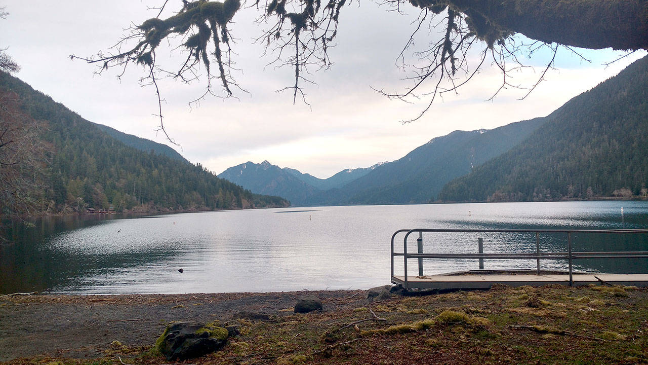 Looking across Lake Crescent from Fairholm beach. The docks won’t be put into the water until late spring. (Zorina Barker/for Peninsula Daily News)
