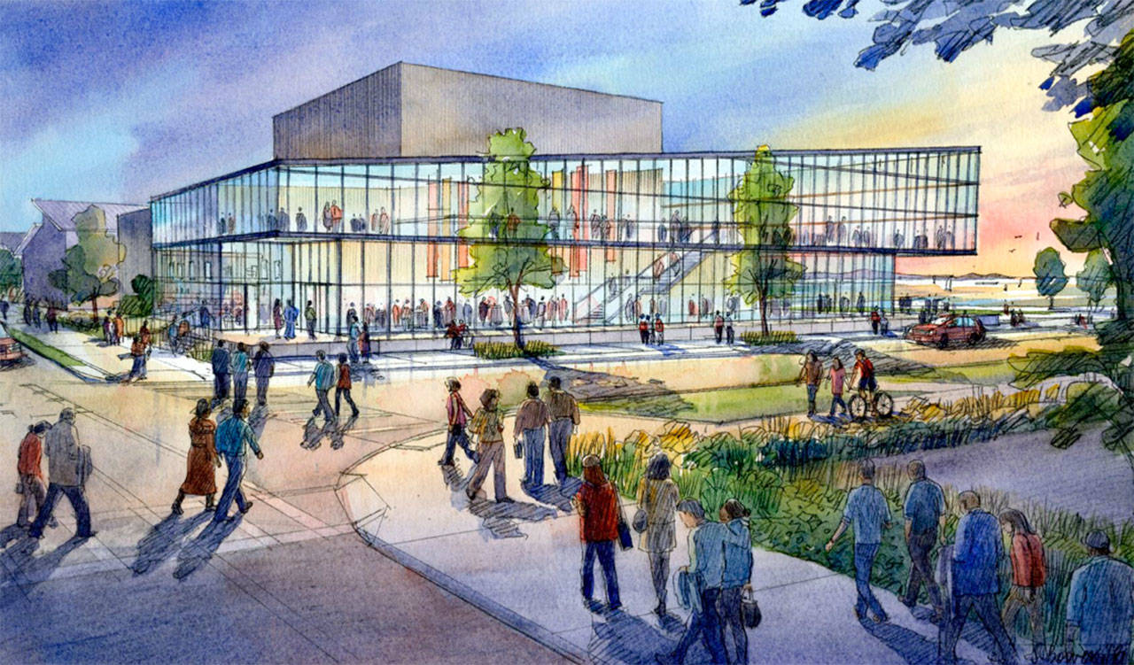 The 41,000 square-foot glass-wrapped building to be constructed at Laurel and Oak streets in Port Angeles will be named the Field Arts and Events Hall. (Stephanie Bower/LMN)