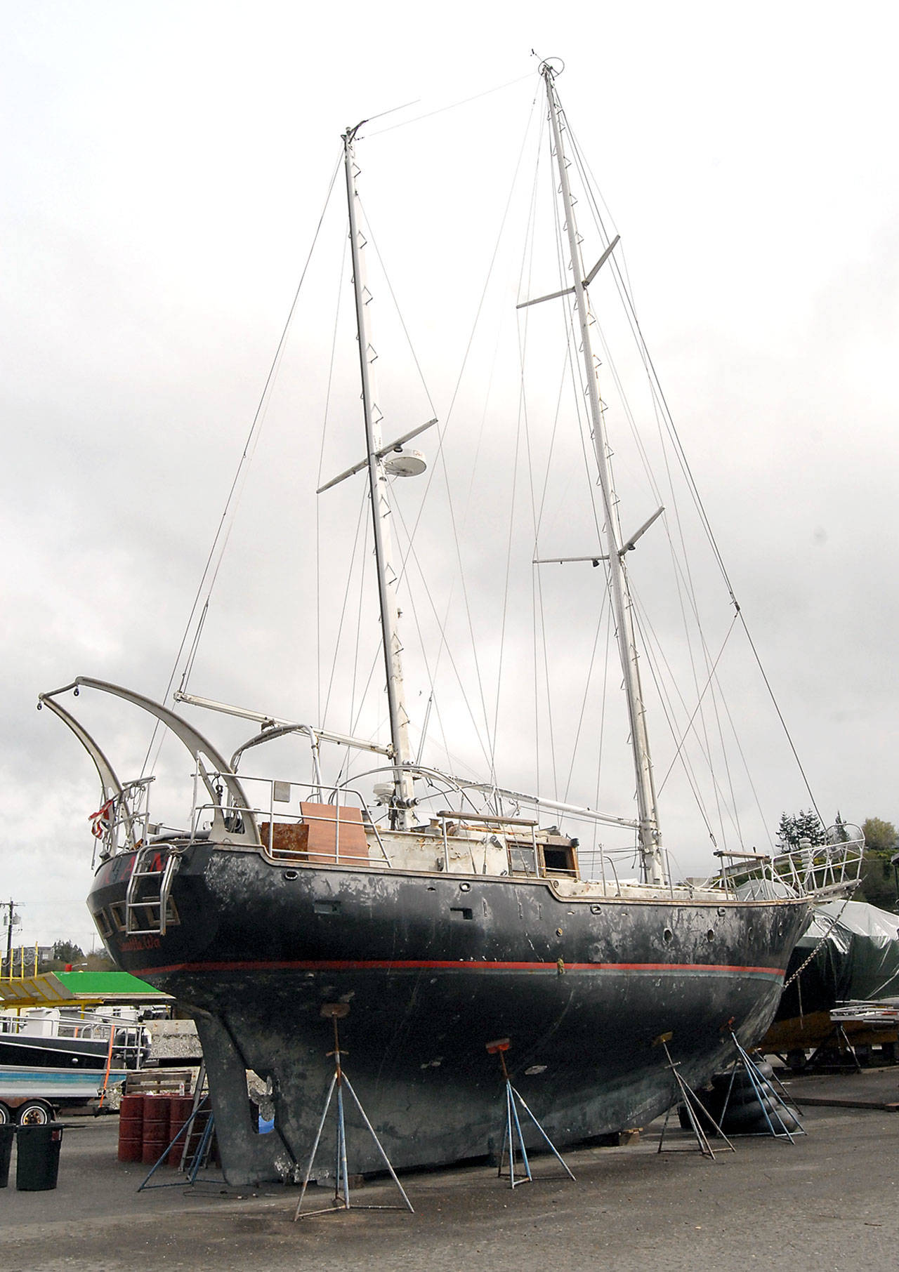 The sailboat Fram sits in a boat storage area on Friday at Port Angeles Boat Haven. (Keith Thorpe/Peninsula Daily News)